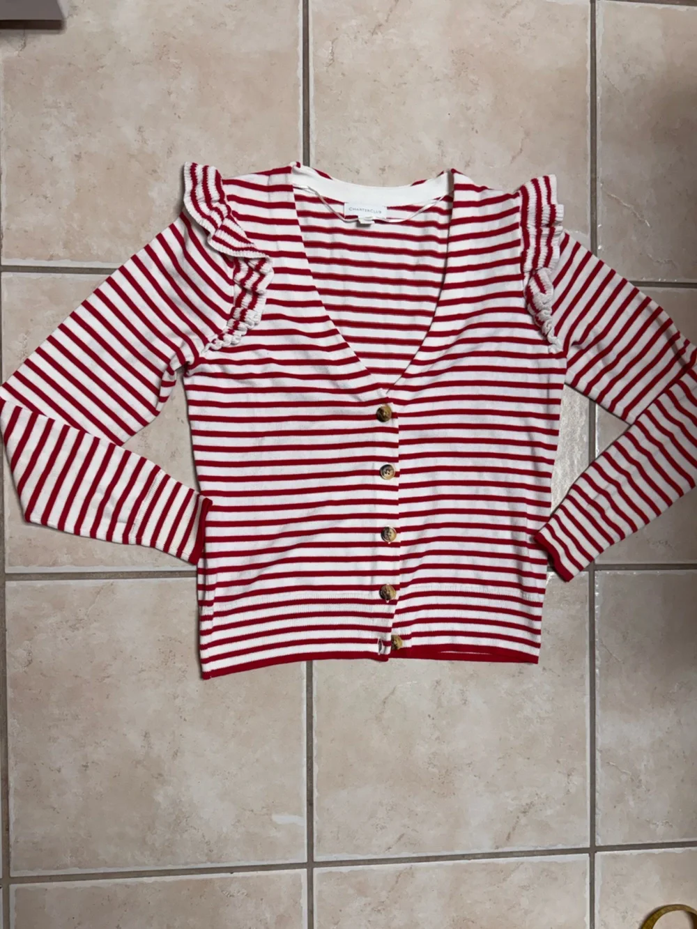 Charter Club Women’s Sail Away Red and White Striped Ruffle Shoulder Cardigan
